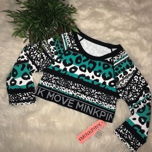 MINKPINK Move Fierce 3/4 Sleeve Crop Top Athletic Leopard Teal Black NWT